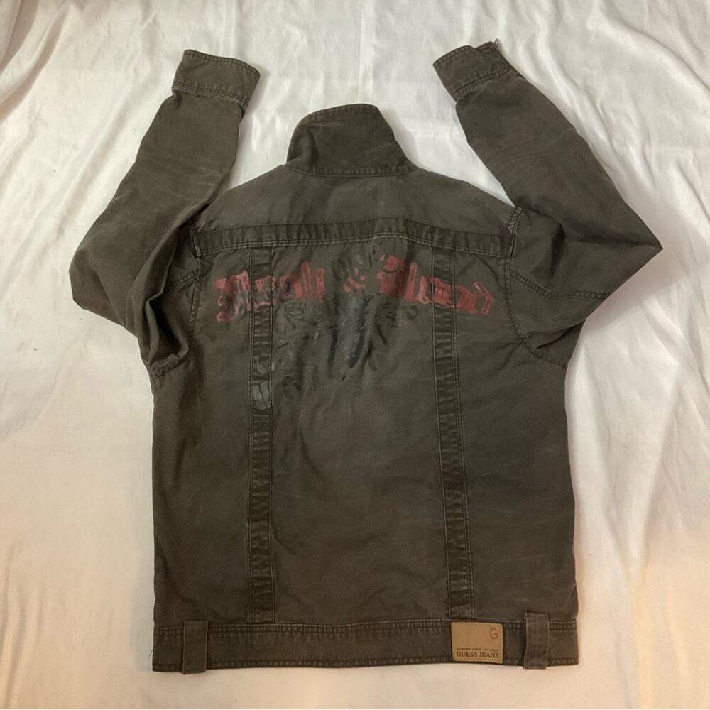 VTG Guess Jeans Brown Band/Military Flesh & Blood Jacket L Flawed Bikercore Punk